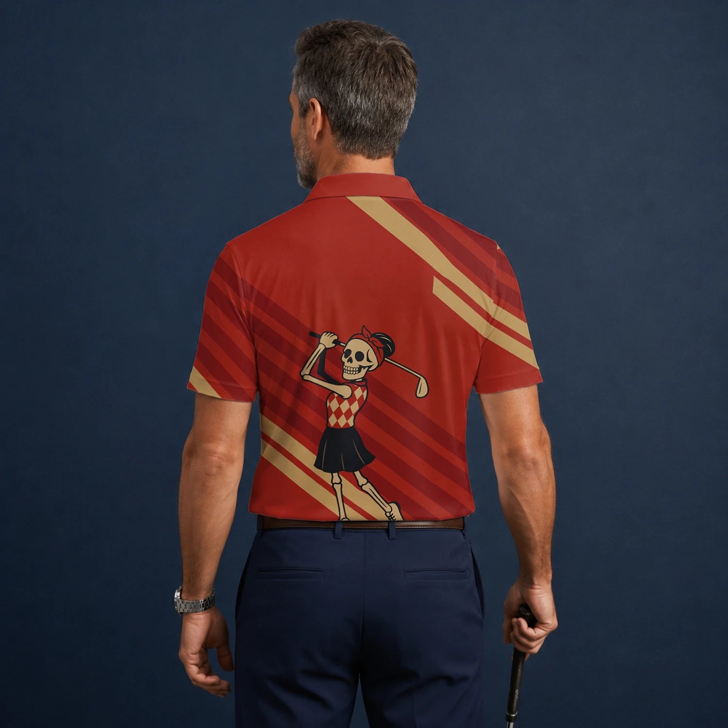 Personalisiertes Golf Poloshirt Rotes Skelett Golfer Cartoon Design für Herren Y0970