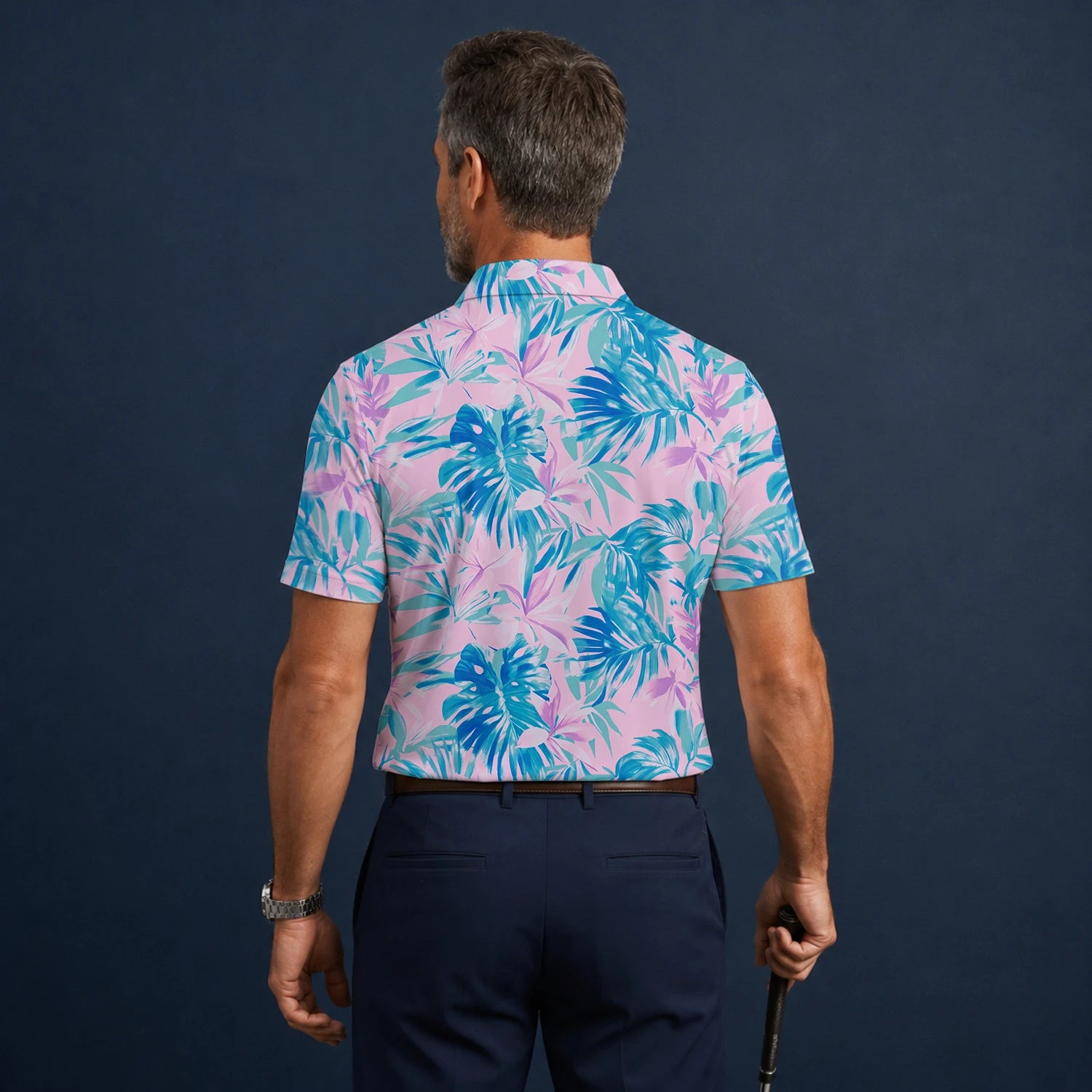 Personalisiertes Golf Poloshirt Rosa Blaues Tropisches Blätter Design für Herren K0497