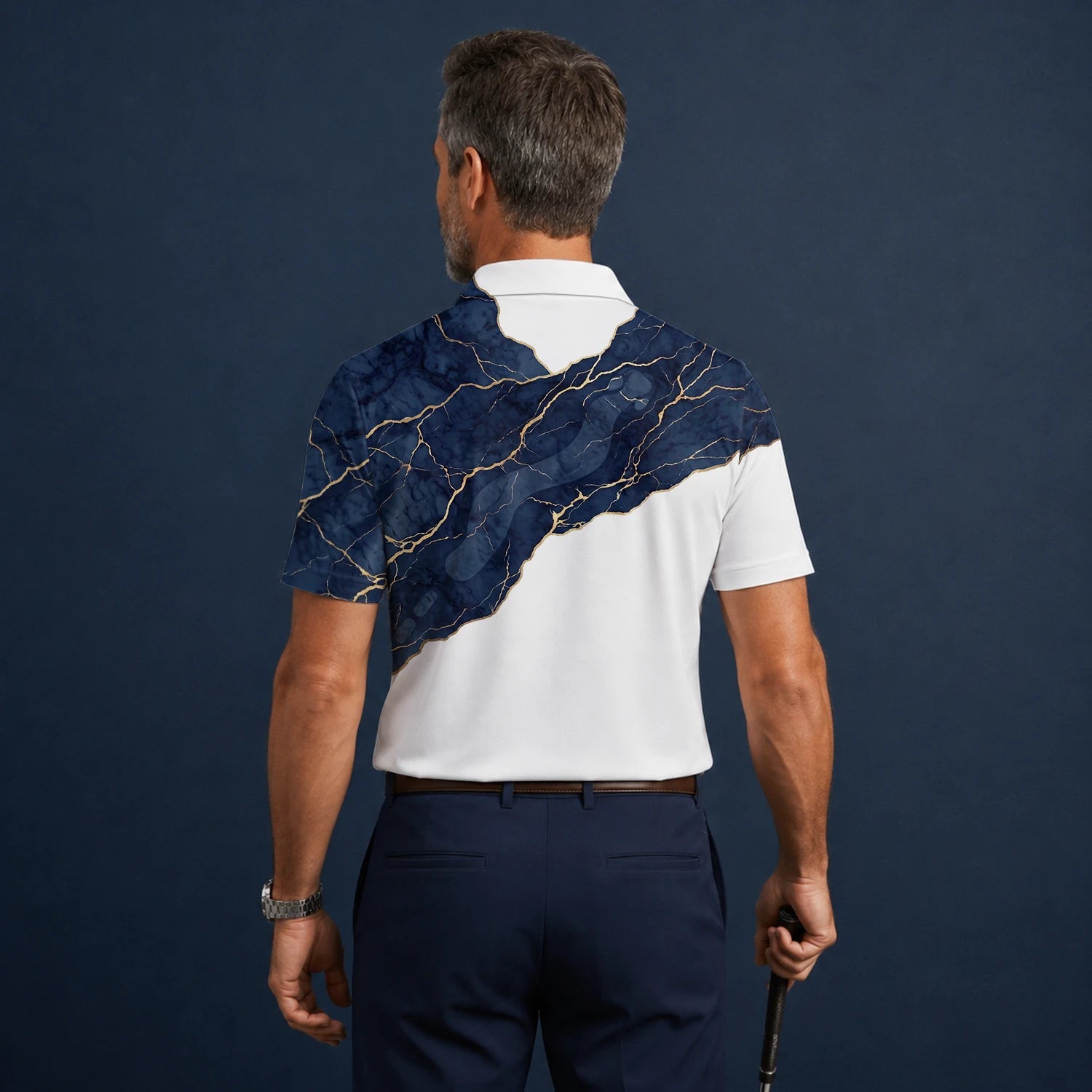 Personalisiertes Golf Poloshirt Weiß Marineblaues Marmor Goldadern Design für Herren B4939