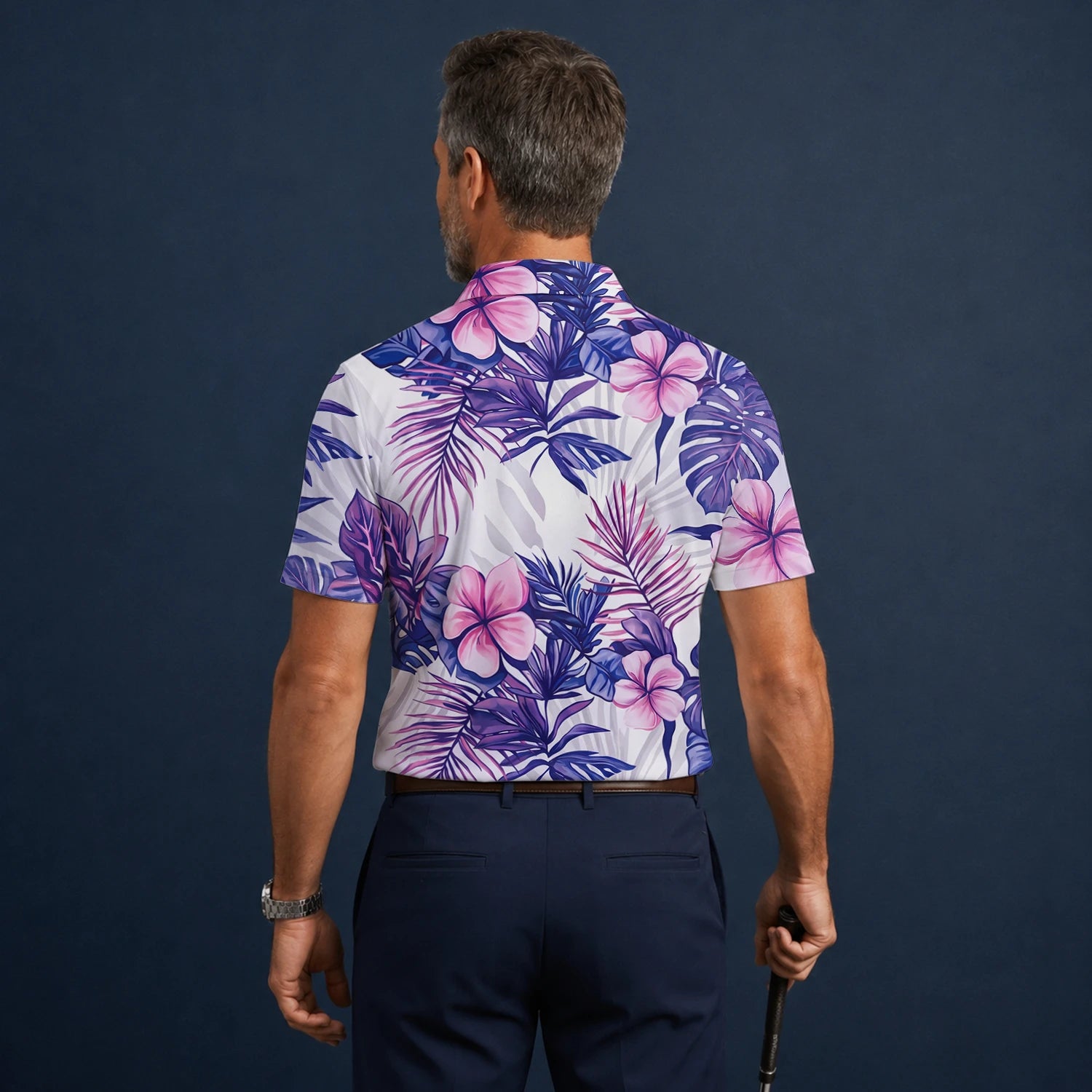 Personalisiertes Golf Poloshirt Weiß Lila Tropisches Hibiskus Blätter Design für Herren H1054