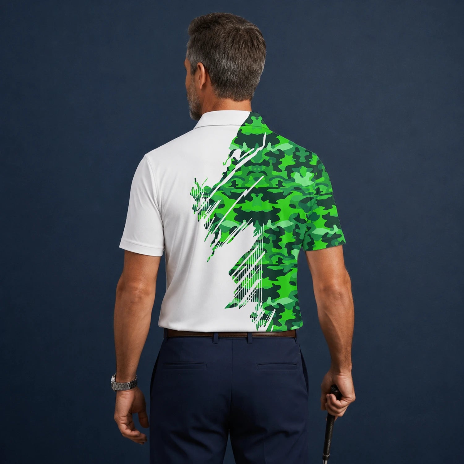 Personalisiertes Golf Poloshirt Weiß Grünes Camo Pinselstreifen Design für Herren E9788