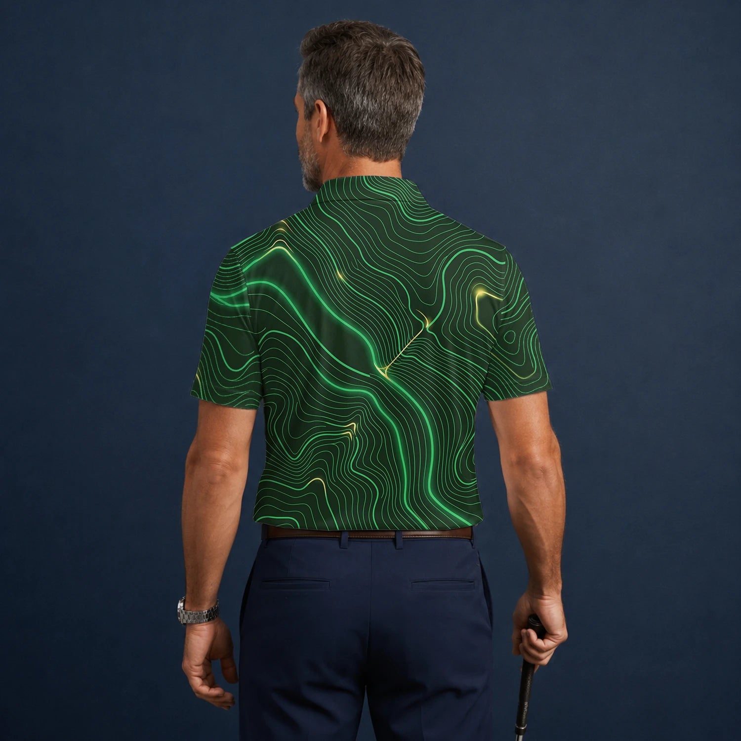Personalisiertes Golf Poloshirt Grün Schwarzes Topografisches Linien Design für Herren E4992