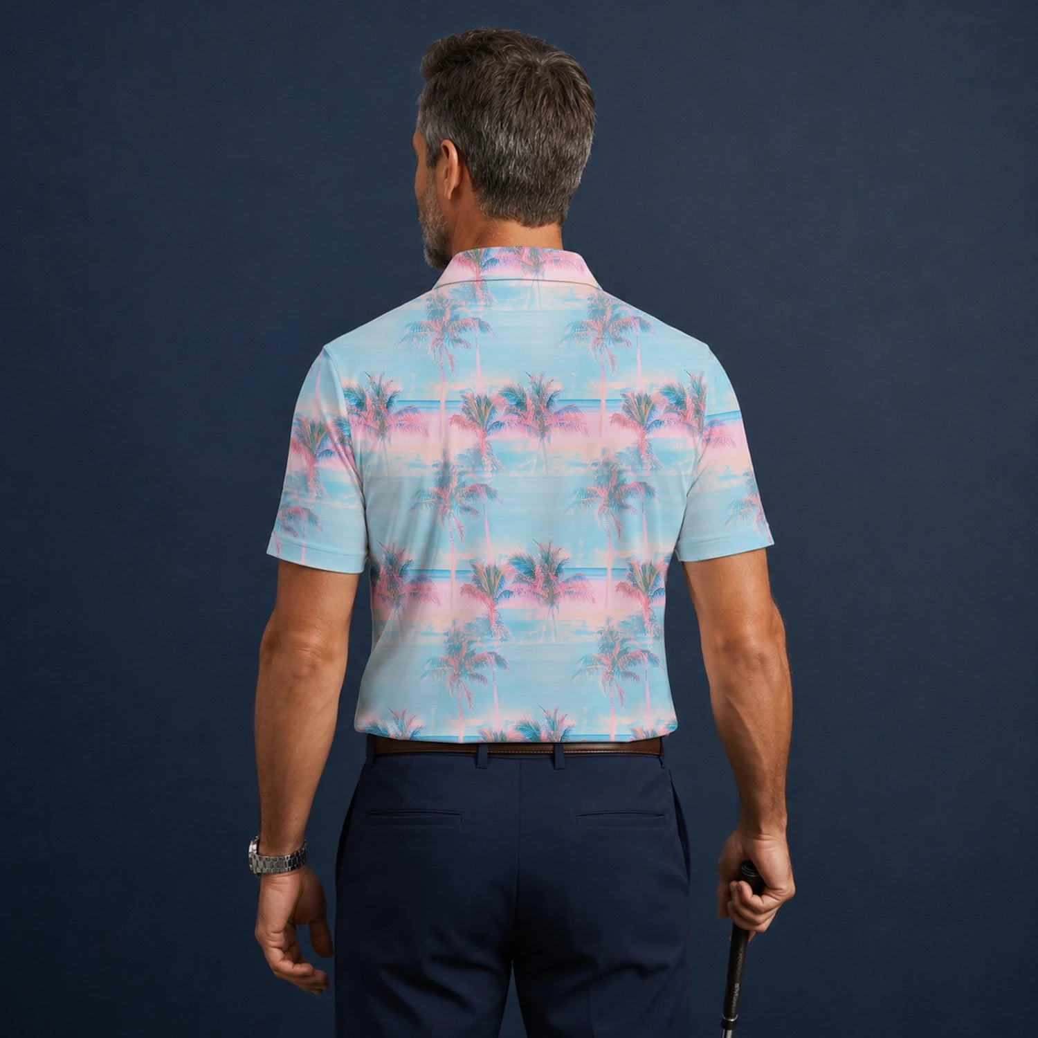 Personalisiertes Golf Poloshirt Pastellblau Rosa Palmen Sonnenuntergang Design für Herren G4431