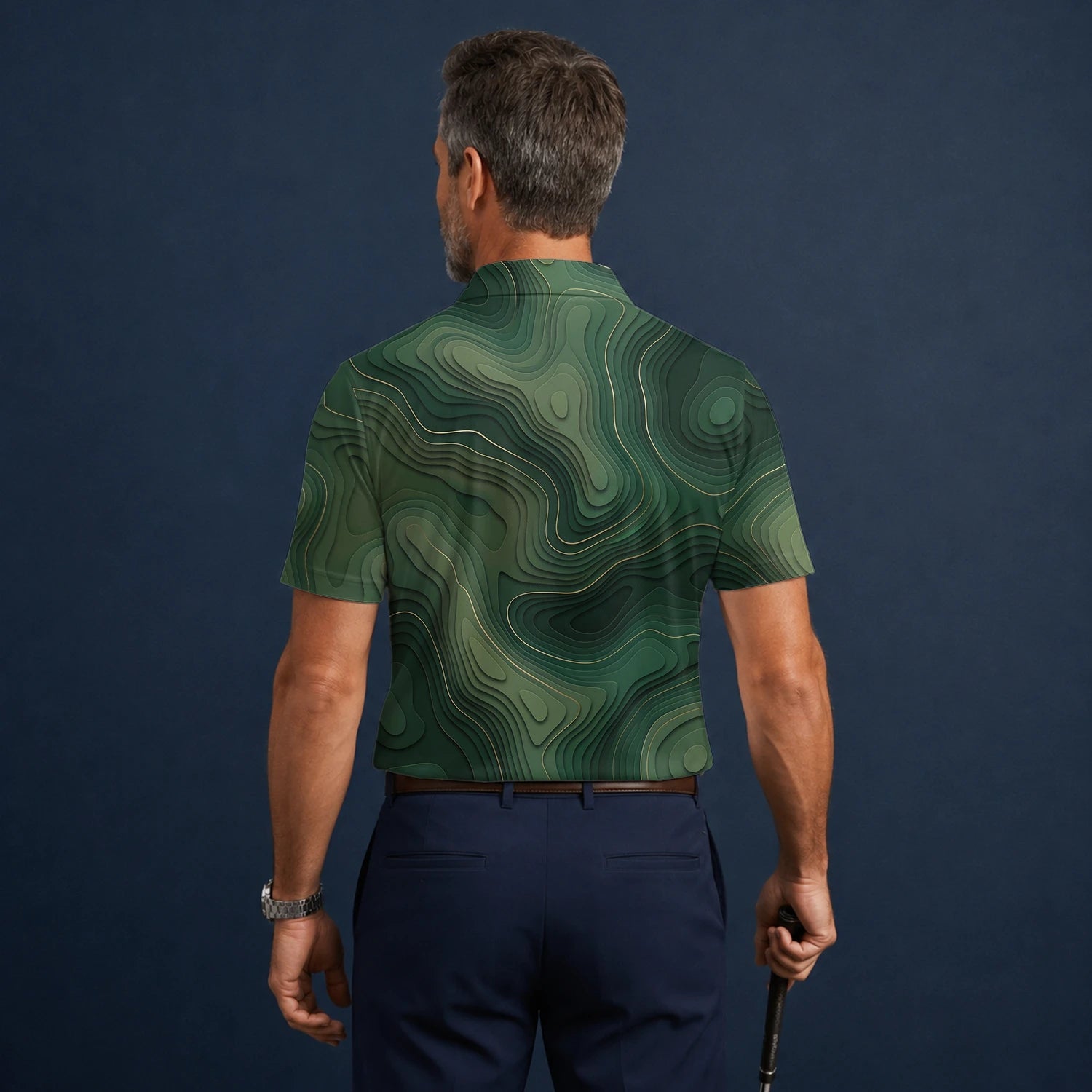Personalisiertes Golf Poloshirt Grünes Topografisches Konturlinien Design für Herren H2497