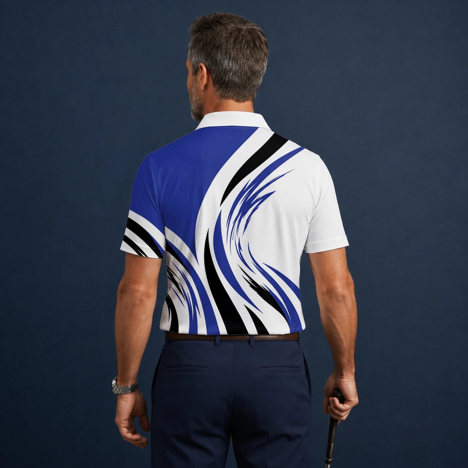 Personalisiertes Golf Poloshirt Weiß Blau Schwarzes Abstraktes Wellen Design für Herren V7849