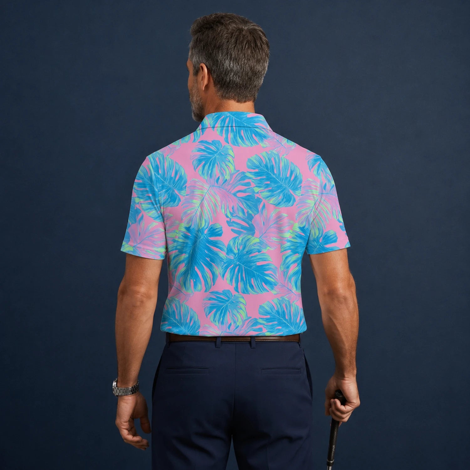Personalisiertes Golf Poloshirt Rosa Türkis Tropisches Monstera Blätter Design für Herren C8385
