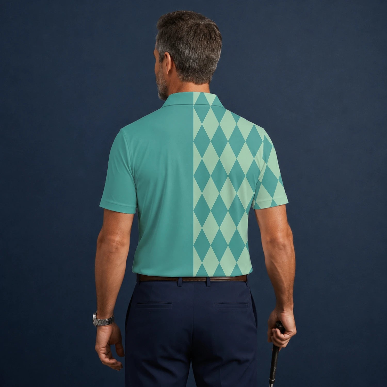 Personalisiertes Golf Poloshirt Türkis Mint Rauten Muster für Herren A8483