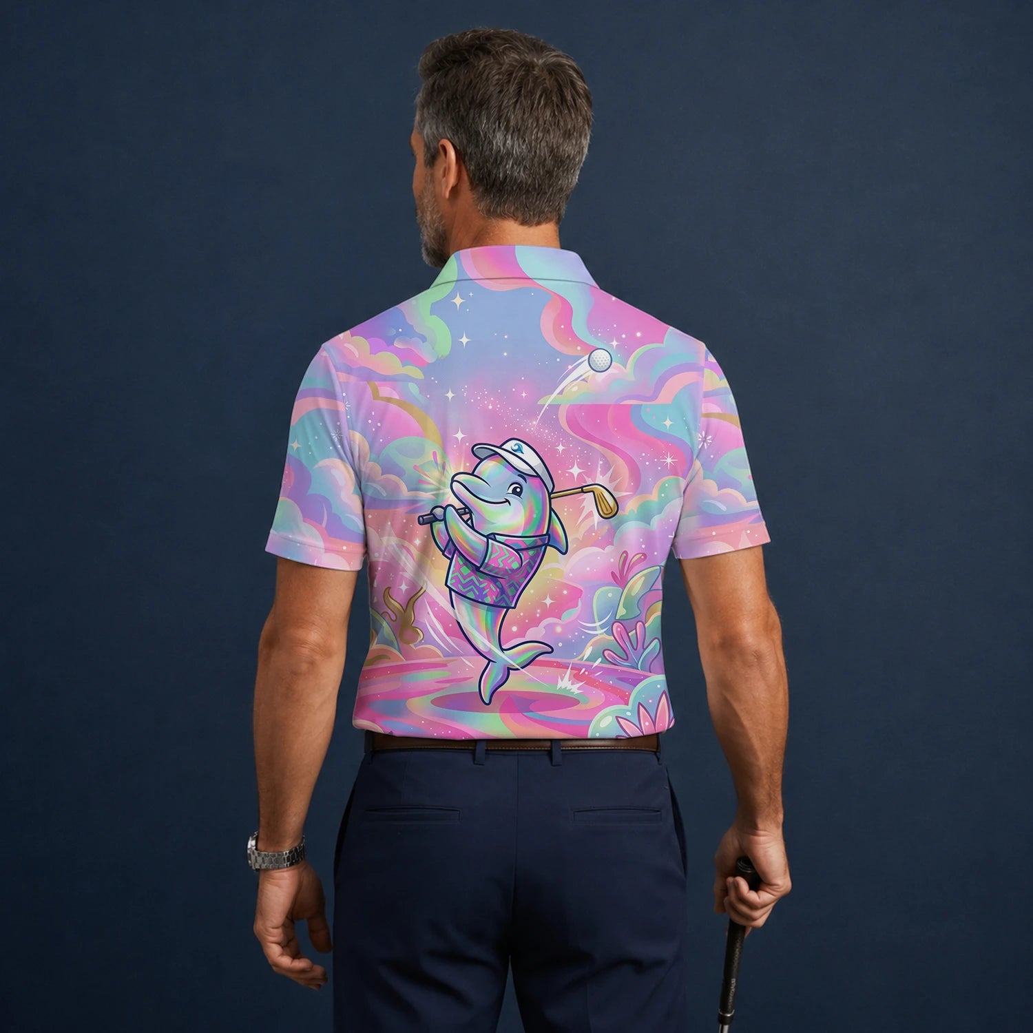 Personalisiertes Golf Poloshirt Pastell Regenbogen Delfin Golfer Cartoon Design für Herren L3862
