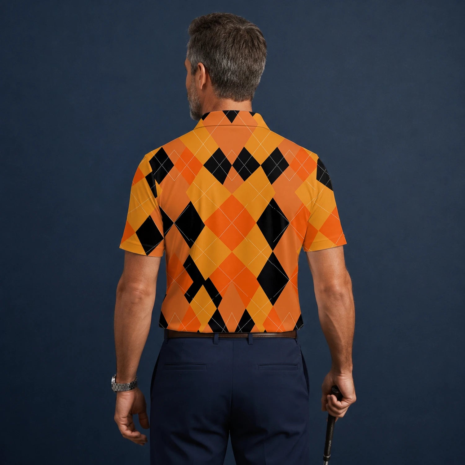 Personalisiertes Golf Poloshirt Orange Schwarzes Rauten Muster für Herren C4203