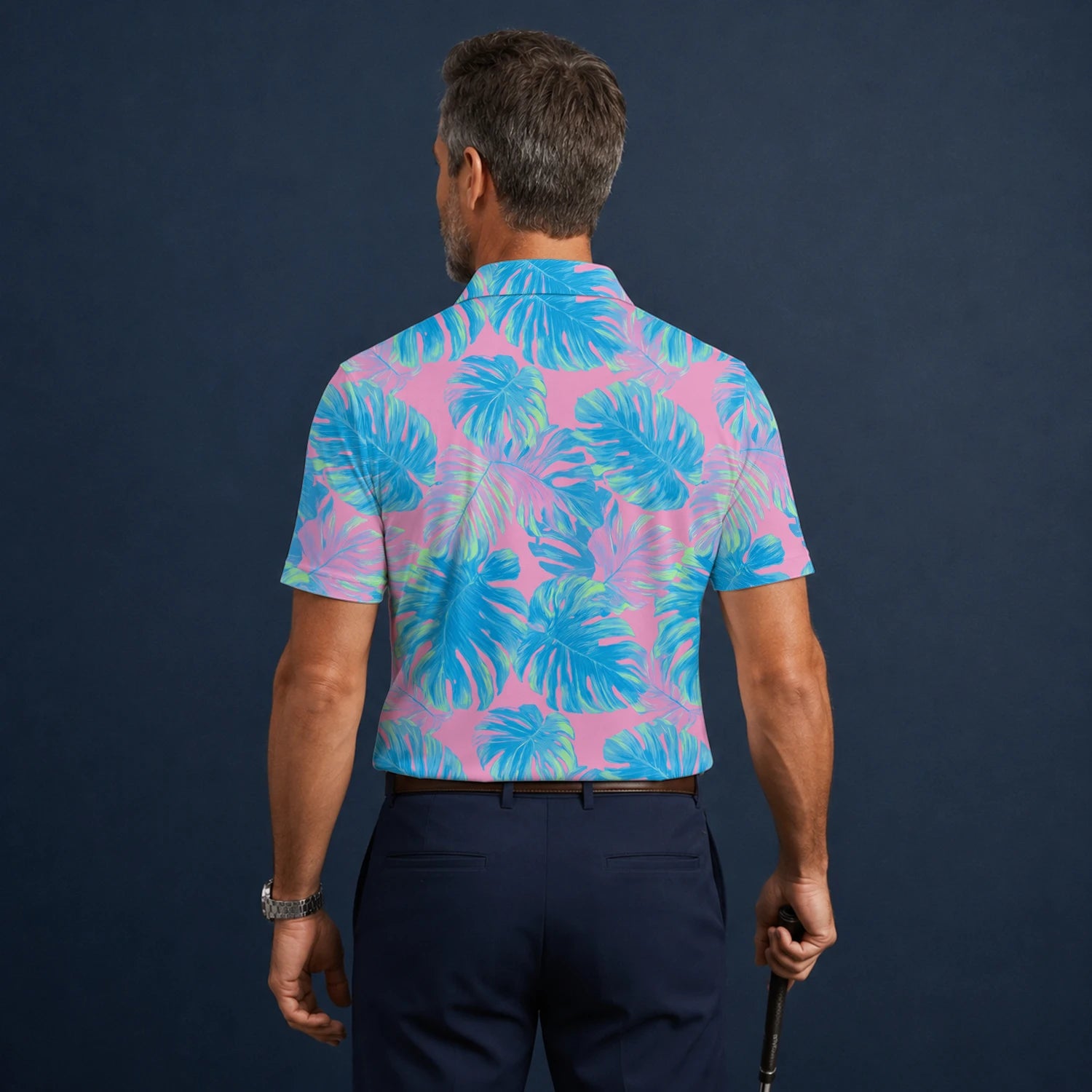 Personalisiertes Golf Poloshirt Rosa Türkis Tropisches Monstera Blätter Design für Herren C8385