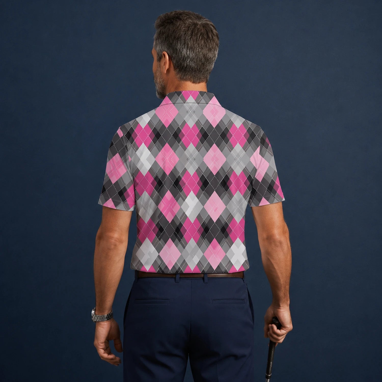 Personalisiertes Golf Poloshirt Rosa Graues Rauten Muster für Herren Z9376