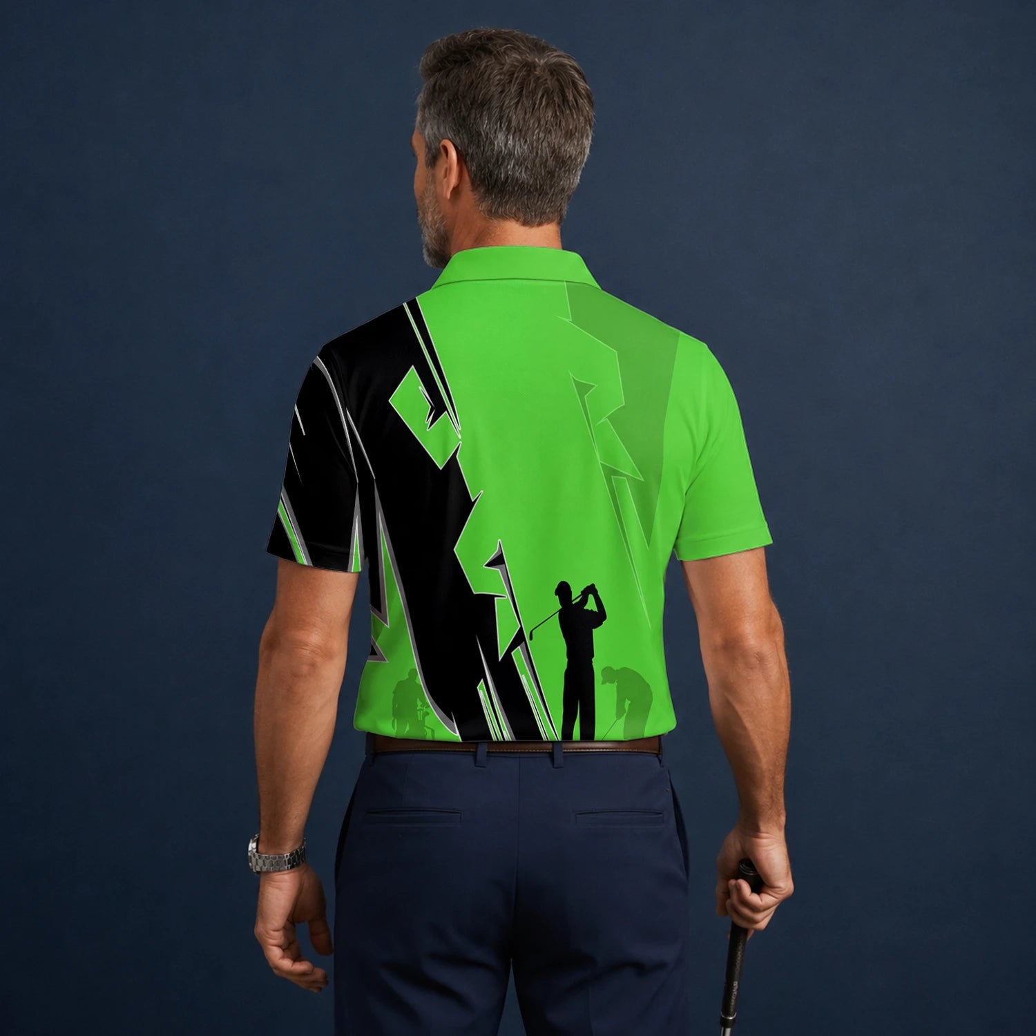 Personalisiertes Golf Poloshirt Limettengrünes Golfer Silhouetten Blitz Design für Herren V5316