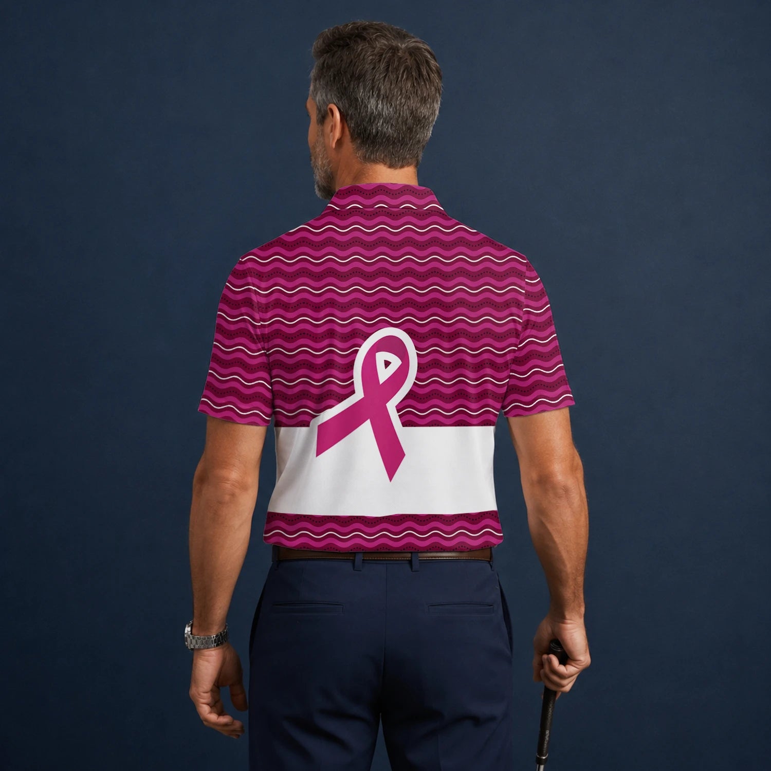 Personalisiertes Golf Poloshirt Rosa Brustkrebs Awareness Schleifen Wellen Design für Herren B1640