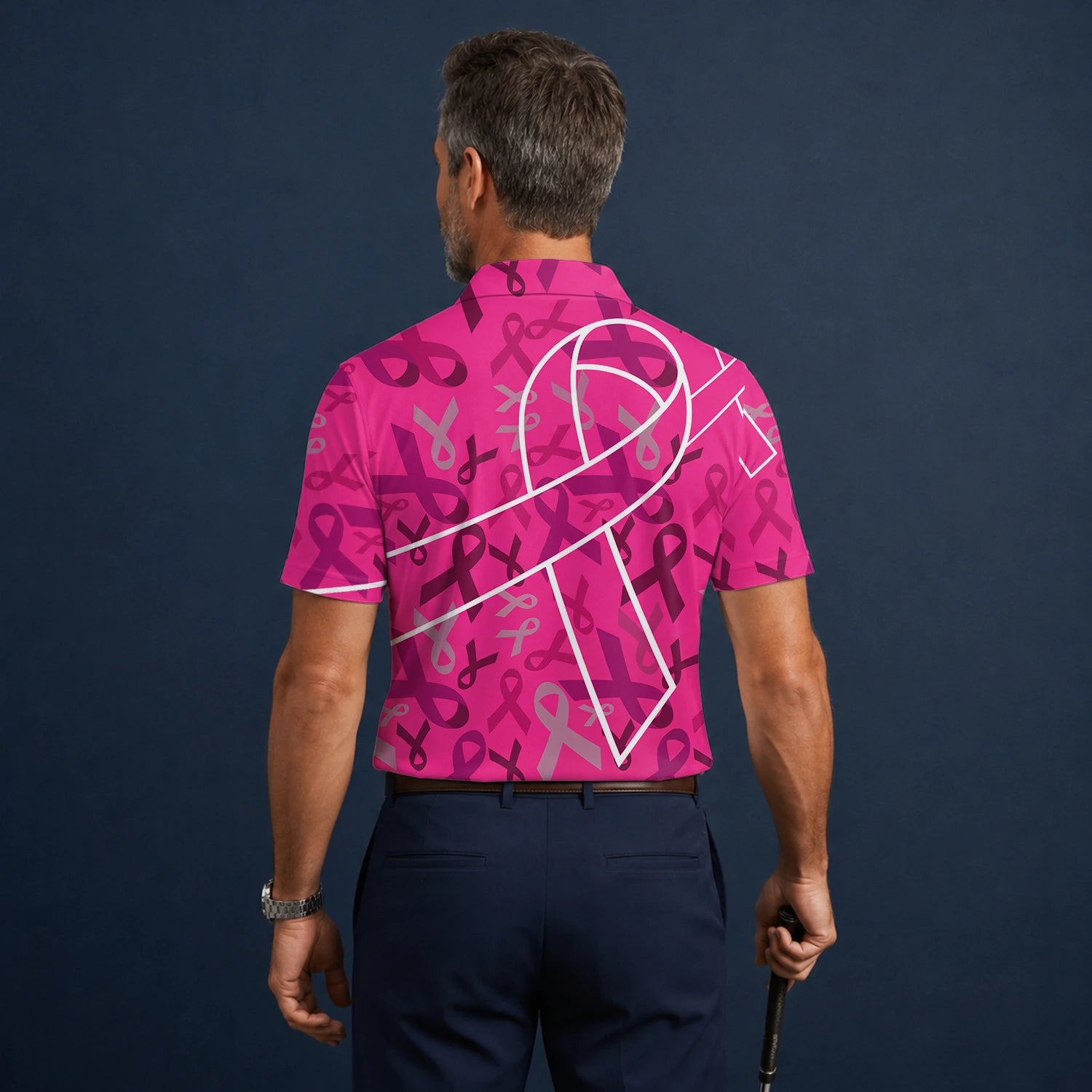 Personalisiertes Golf Poloshirt Rosa Brustkrebs Awareness Schleifen Design für Herren O4093