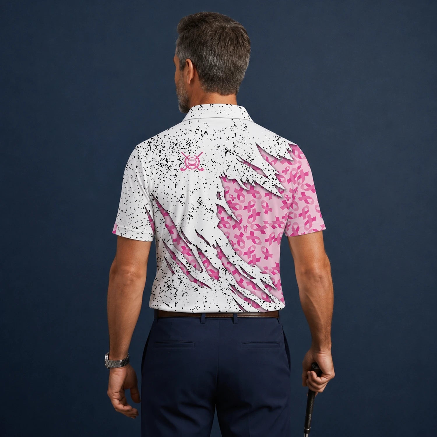 Personalisiertes Golf Poloshirt Weiß Rosa Brustkrebs Schleifen Zerrissenes Design für Herren B7190