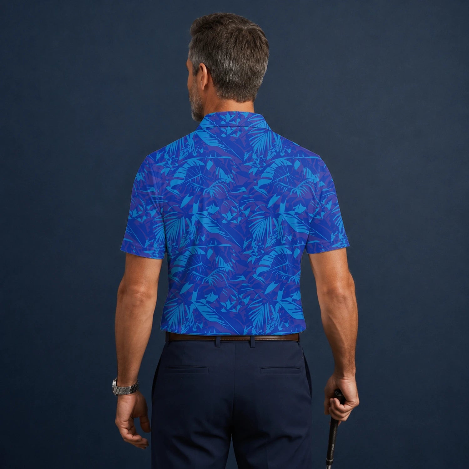 Personalisiertes Golf Poloshirt Blaues Tropisches Blätter Design für Herren Z7717