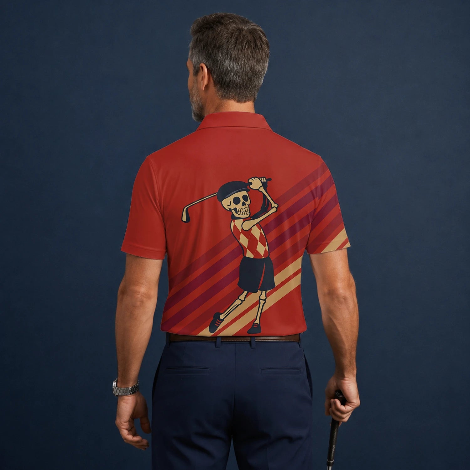 Personalisiertes Golf Poloshirt Rotes Skelett Golfer Cartoon Design für Herren F3648