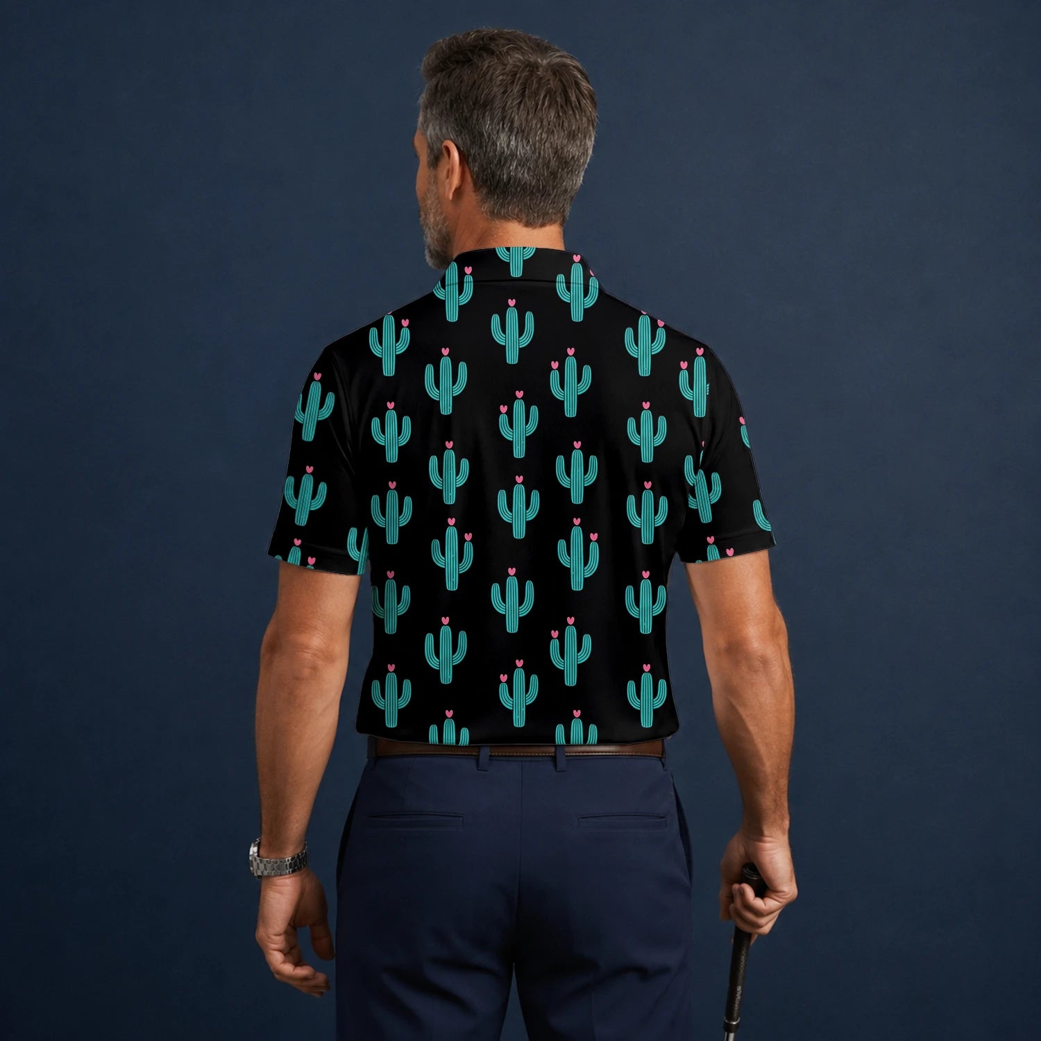 Personalisiertes Golf Poloshirt Schwarz Türkis Kaktus Herz Design für Herren L0709