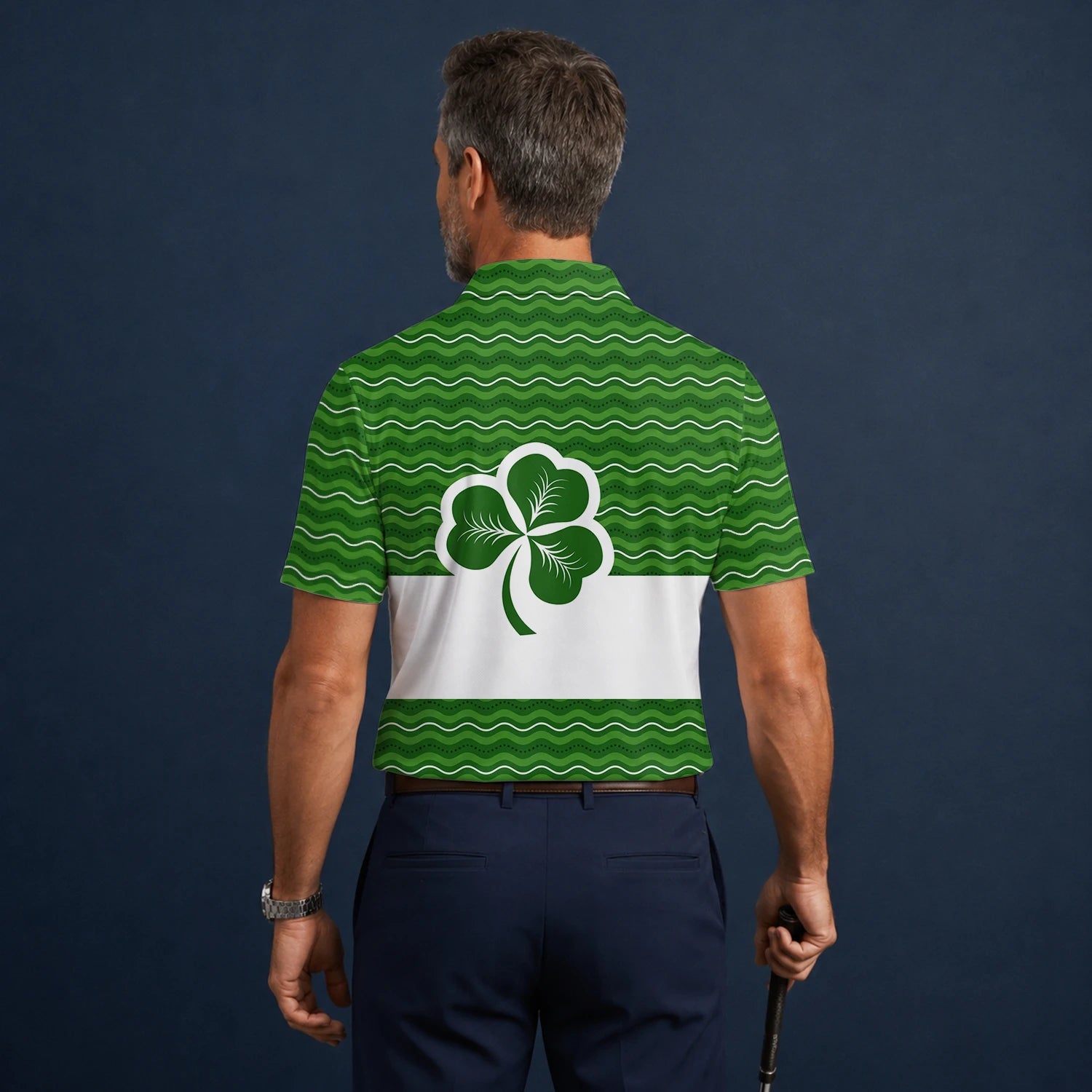 Personalisiertes Golf Poloshirt Grünes Kleeblatt Wellen Design für Herren I6128