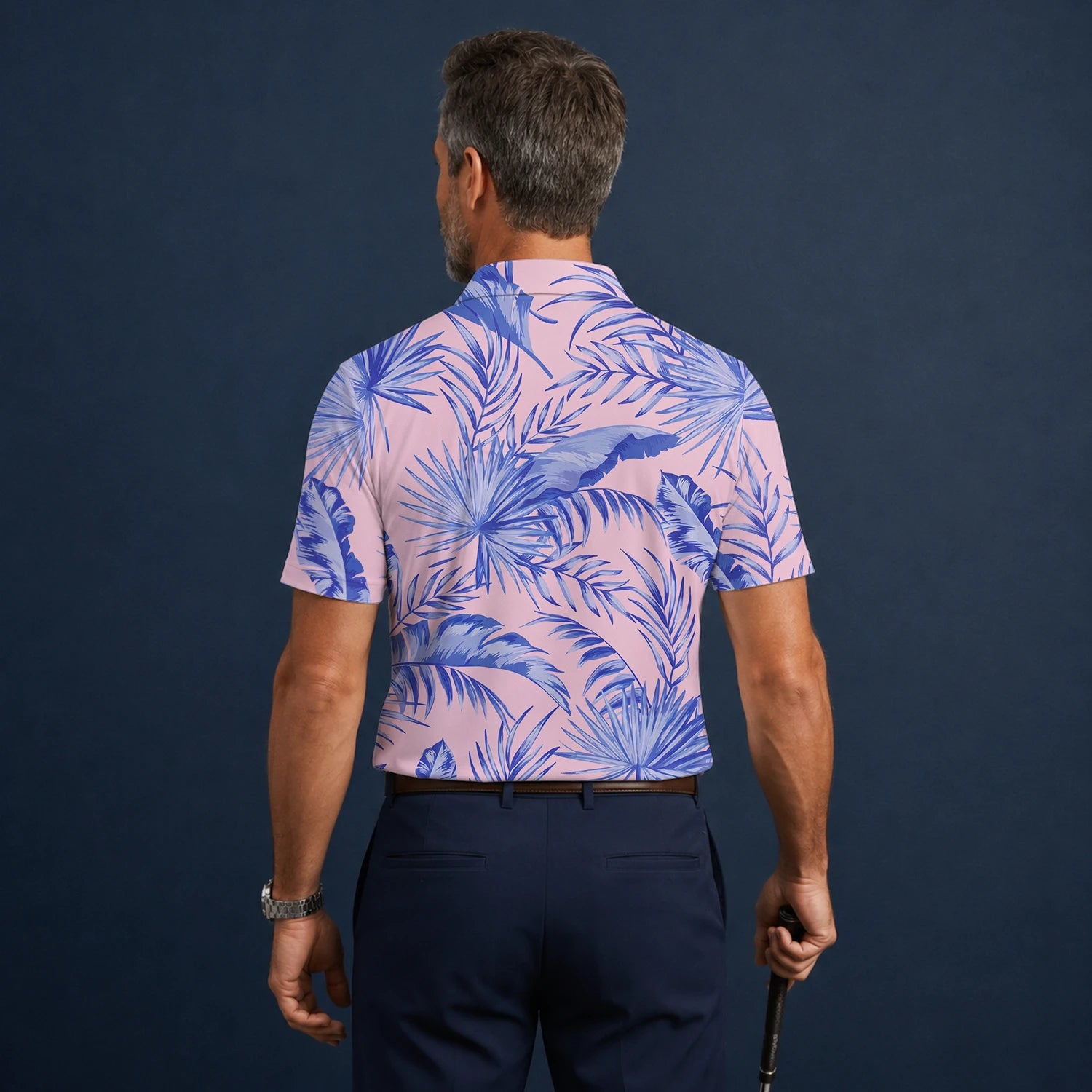 Personalisiertes Golf Poloshirt Rosa Lavendel Tropisches Palmenblätter Design für Herren M3354