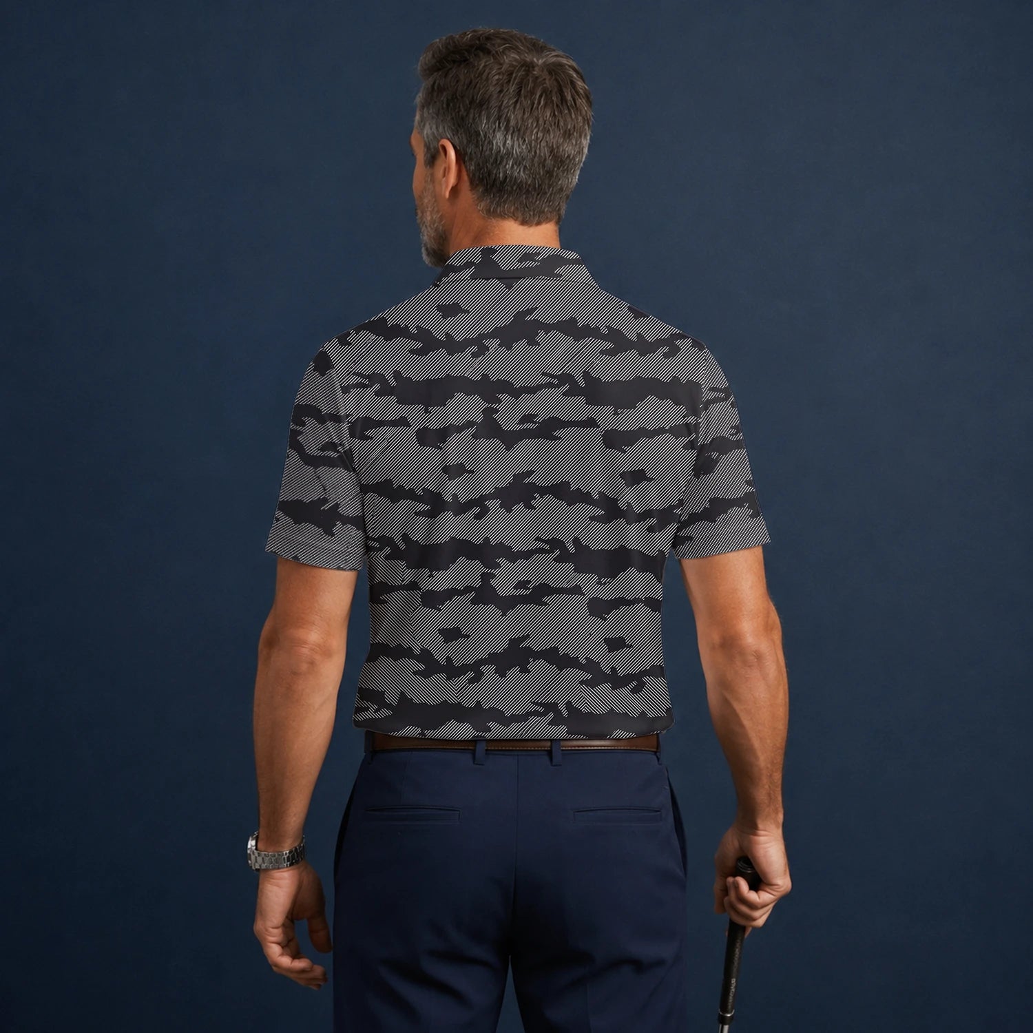Personalisiertes Golf Poloshirt Grau Schwarzes Camo Design für Herren R8701