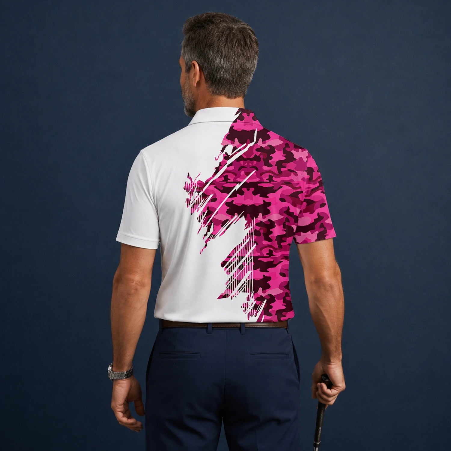 Personalisiertes Golf Poloshirt Weiß Rosa Camo Pinselstrich Design für Herren S6501
