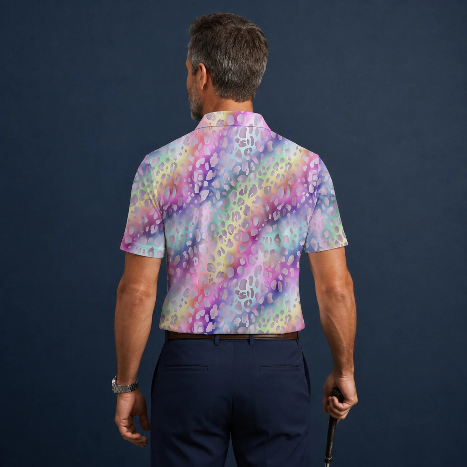 Personalisiertes Golf Poloshirt Pastell Regenbogen Leo Print Design für Herren E5373