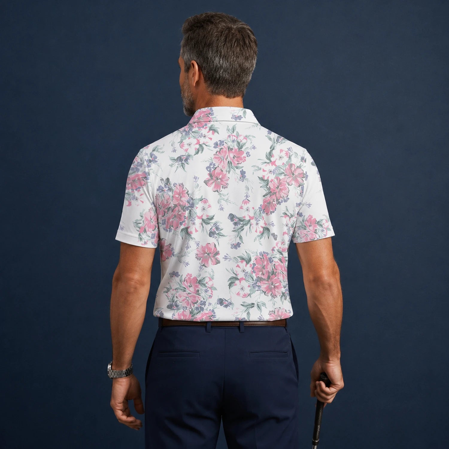 Personalisiertes Golf Poloshirt Weiß Rosa Blumen Blätter Design für Herren H5152