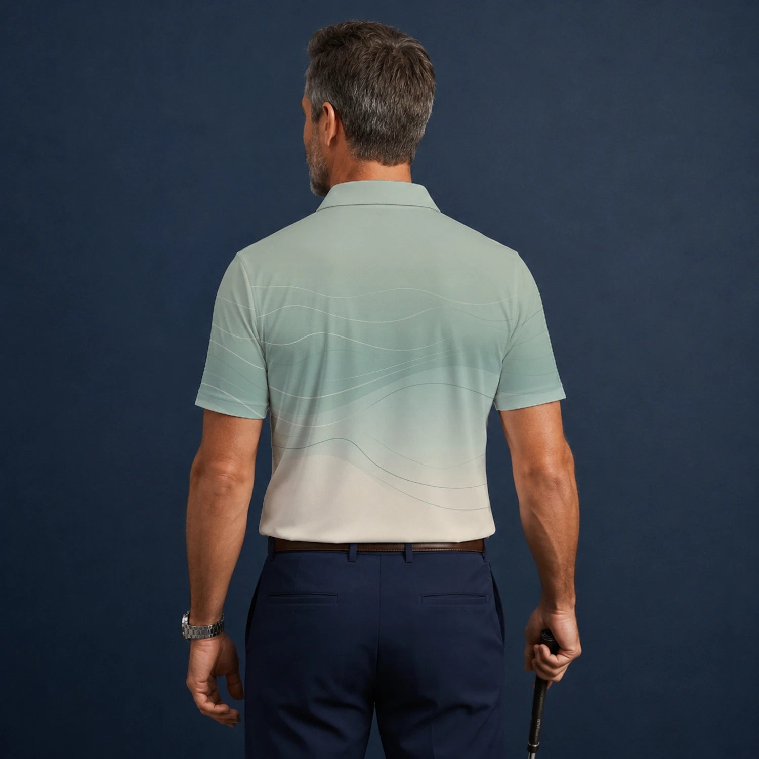Personalisiertes Golf Poloshirt Salbeigrün Beiges Abstraktes Wellen Design für Herren X8036