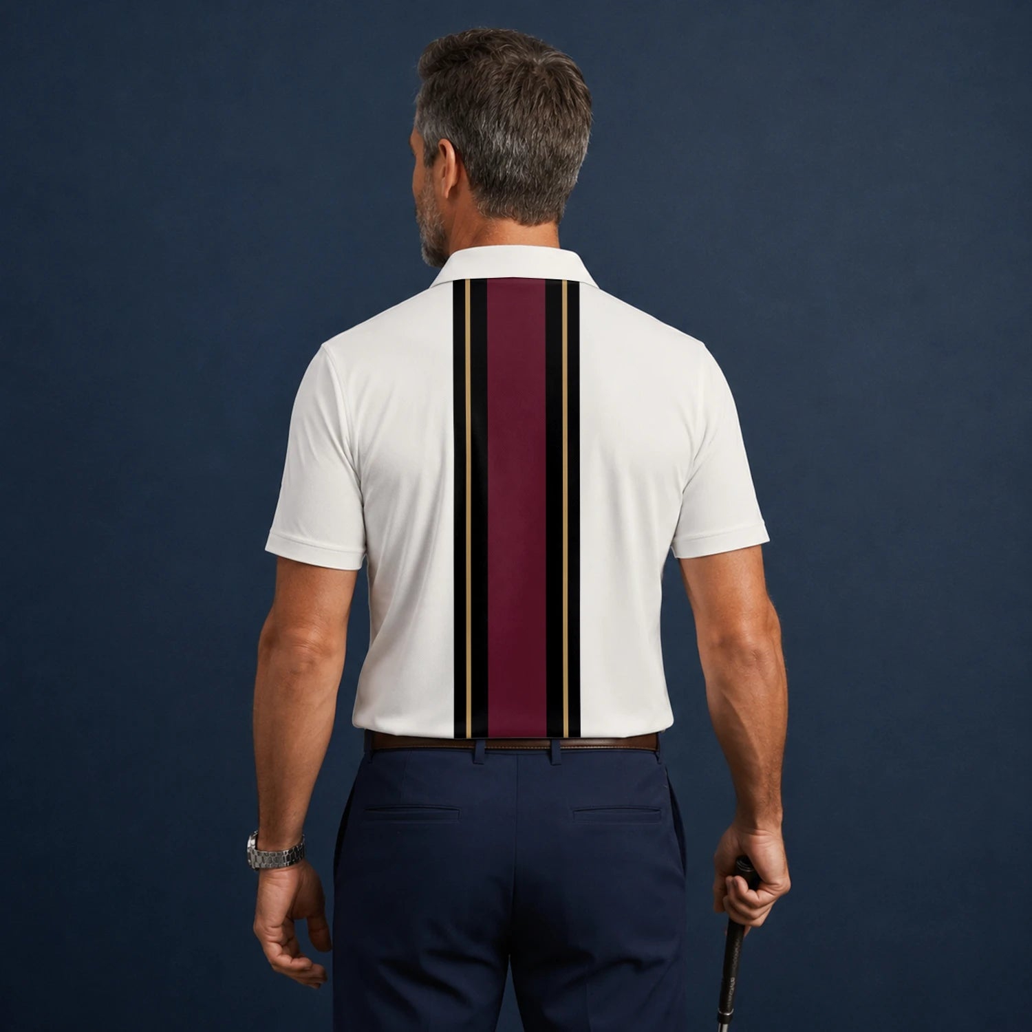 Personalisiertes Golf Poloshirt Weiß Bordeaux Schwarzes Rennstreifen Design für Herren G7028