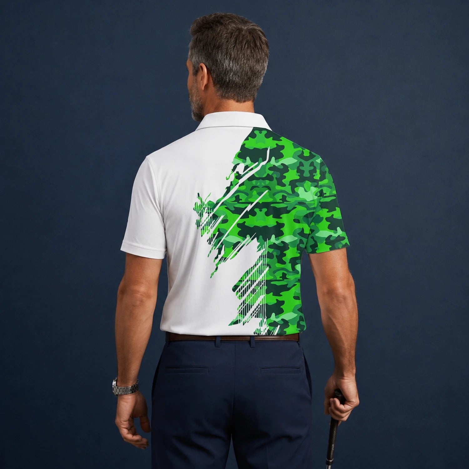 Personalisiertes Golf Poloshirt Weiß Grünes Camo Pinselstreifen Design für Herren E9788