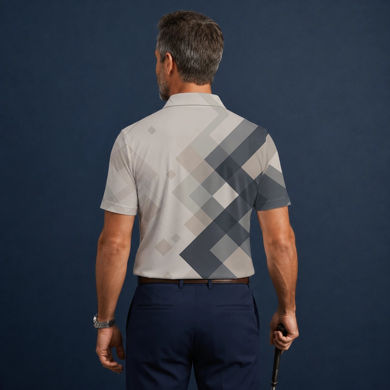 Personalisiertes Golf Poloshirt Beige Graues Rauten Muster für Herren Z6499