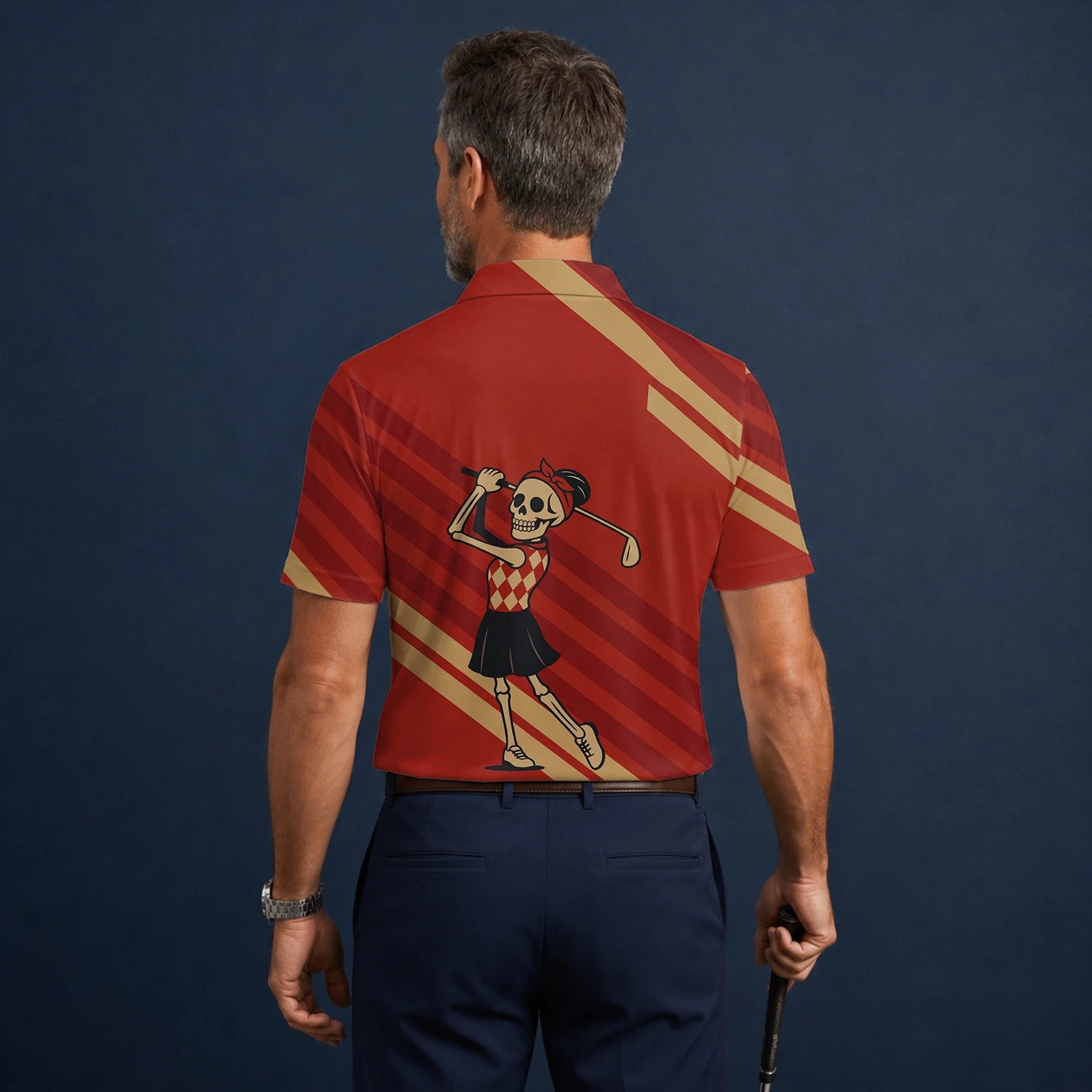 Personalisiertes Golf Poloshirt Rotes Skelett Golfer Cartoon Design für Herren Y0970