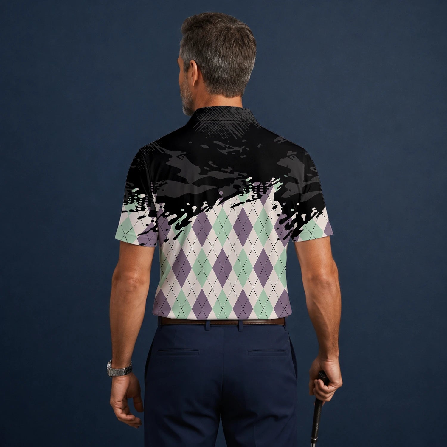 Personalisiertes Golf Poloshirt Schwarz Mint Lila Rauten Farbklecks Design für Herren C5124