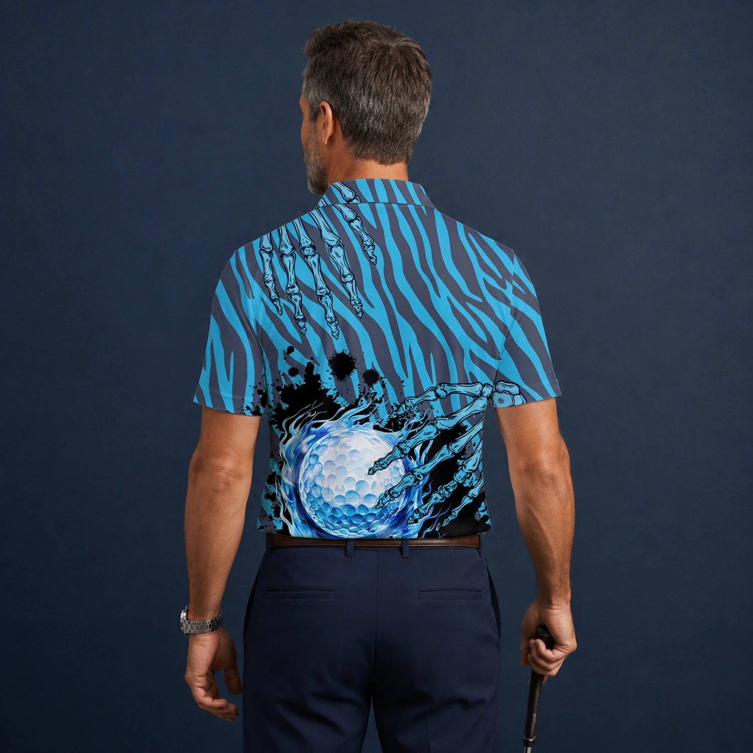 Personalisiertes Golf Poloshirt Blau Schwarzes Golfball Wasser Splash Design für Herren B9791
