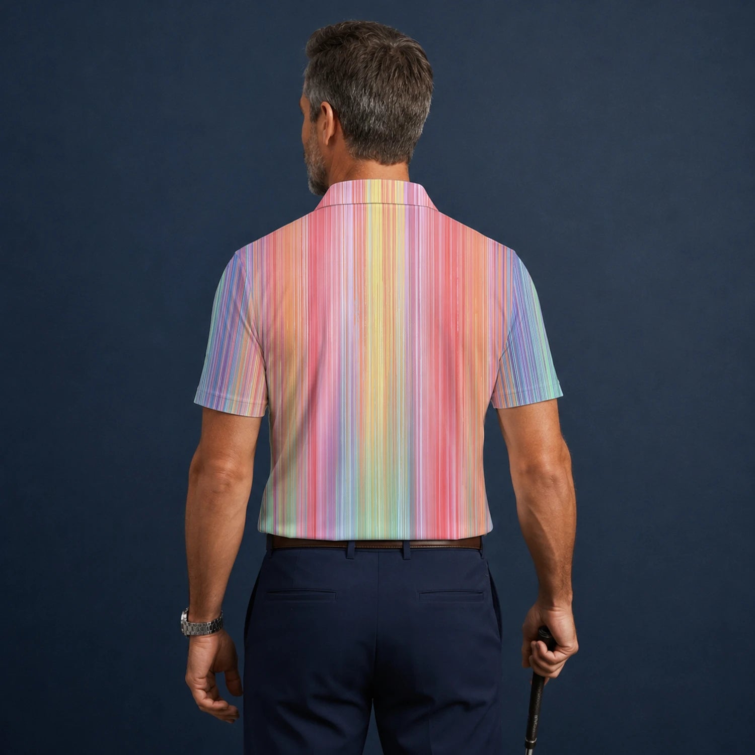 Personalisiertes Golf Poloshirt Pastell Regenbogen Streifen Design für Herren C5307