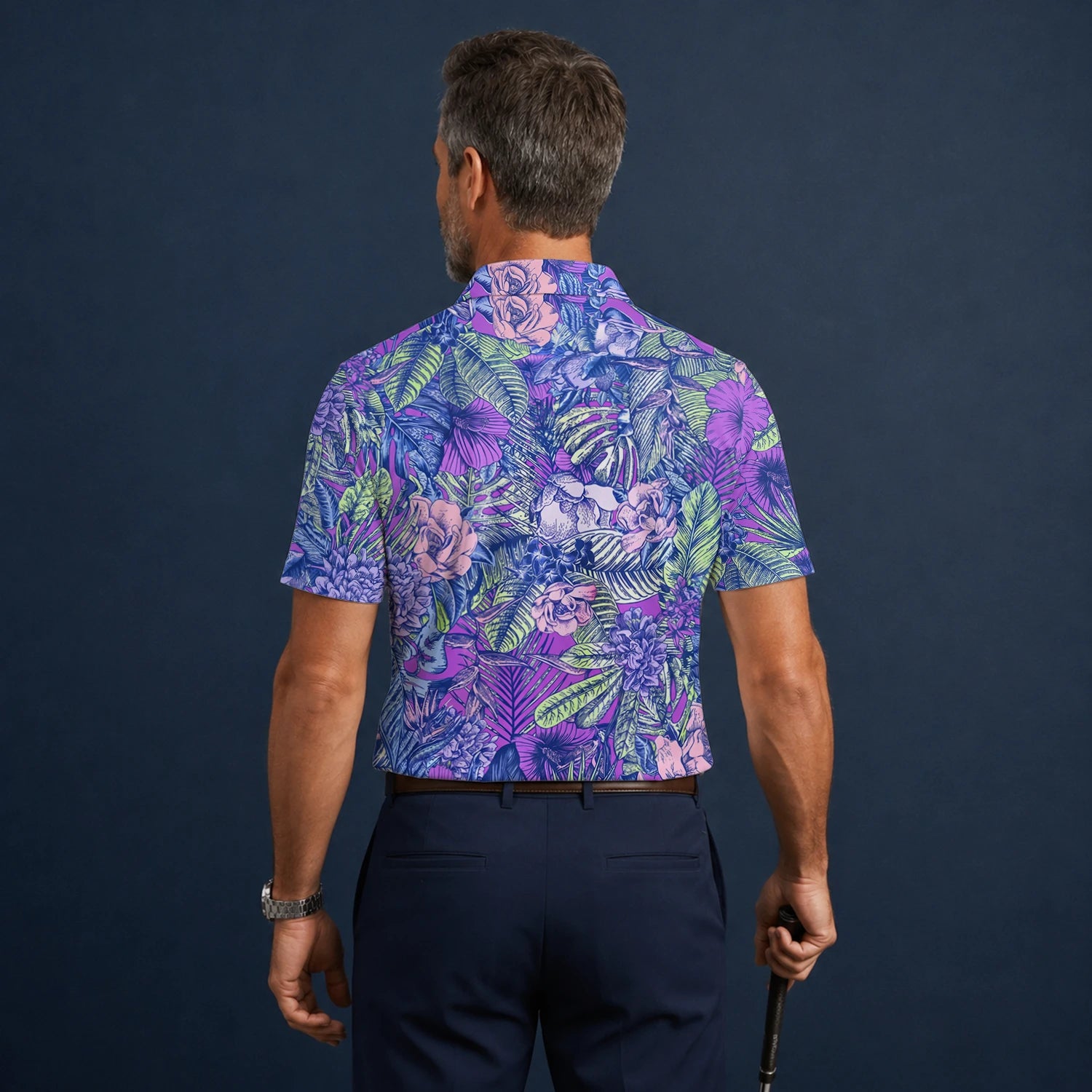 Personalisiertes Golf Poloshirt Lila Blaues Tropisches Blumen Blätter Design für Herren B8037