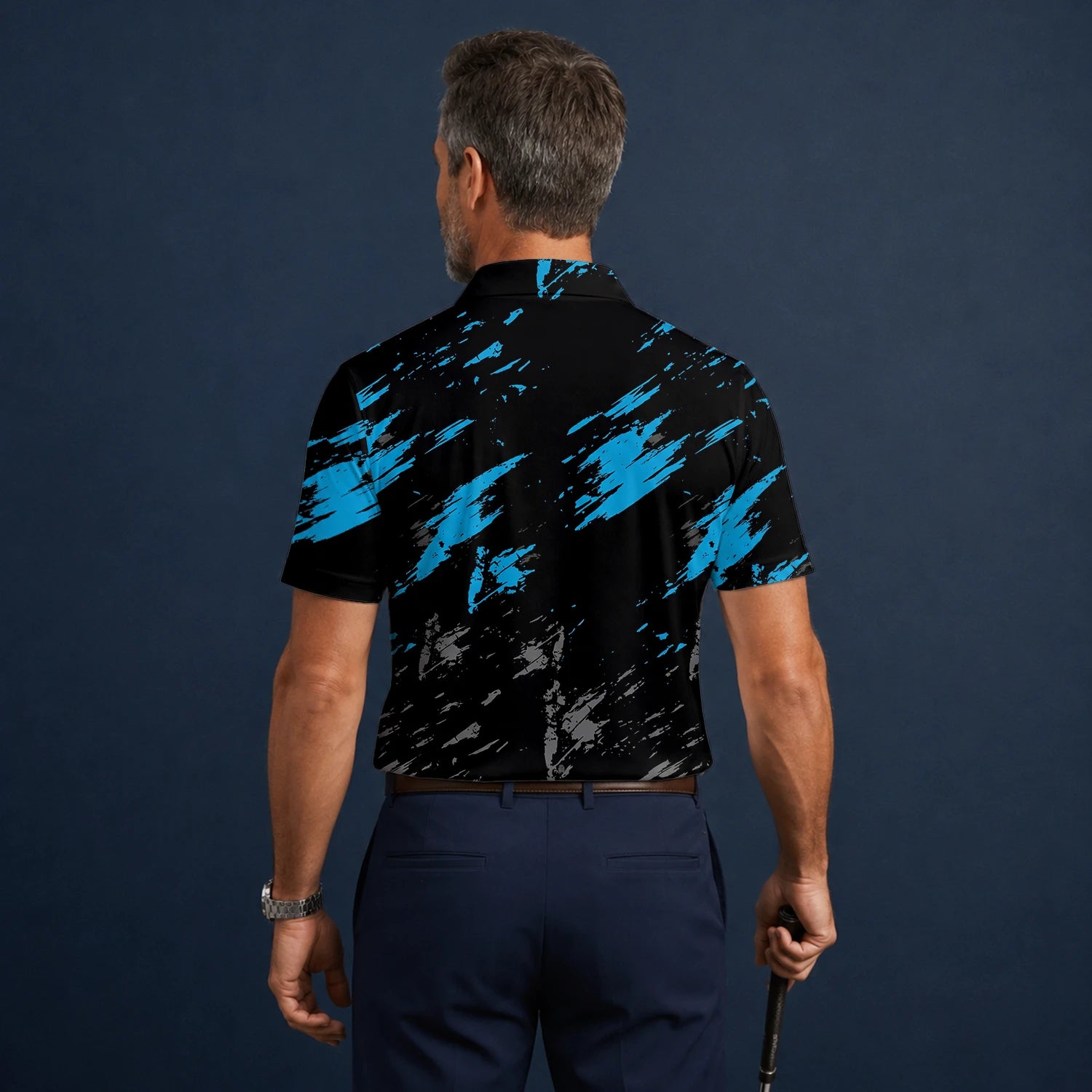 Personalisiertes Golf Poloshirt Schwarz Blaues Pinselstrich Design für Herren H3779