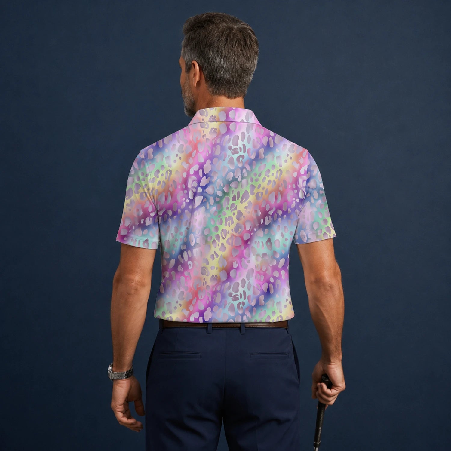 Personalisiertes Golf Poloshirt Pastell Regenbogen Leo Print Design für Herren E5373