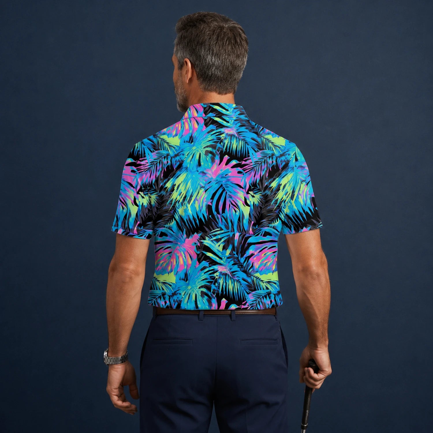 Personalisiertes Golf Poloshirt Schwarz Neon Tropisches Blätter Design für Herren D2207