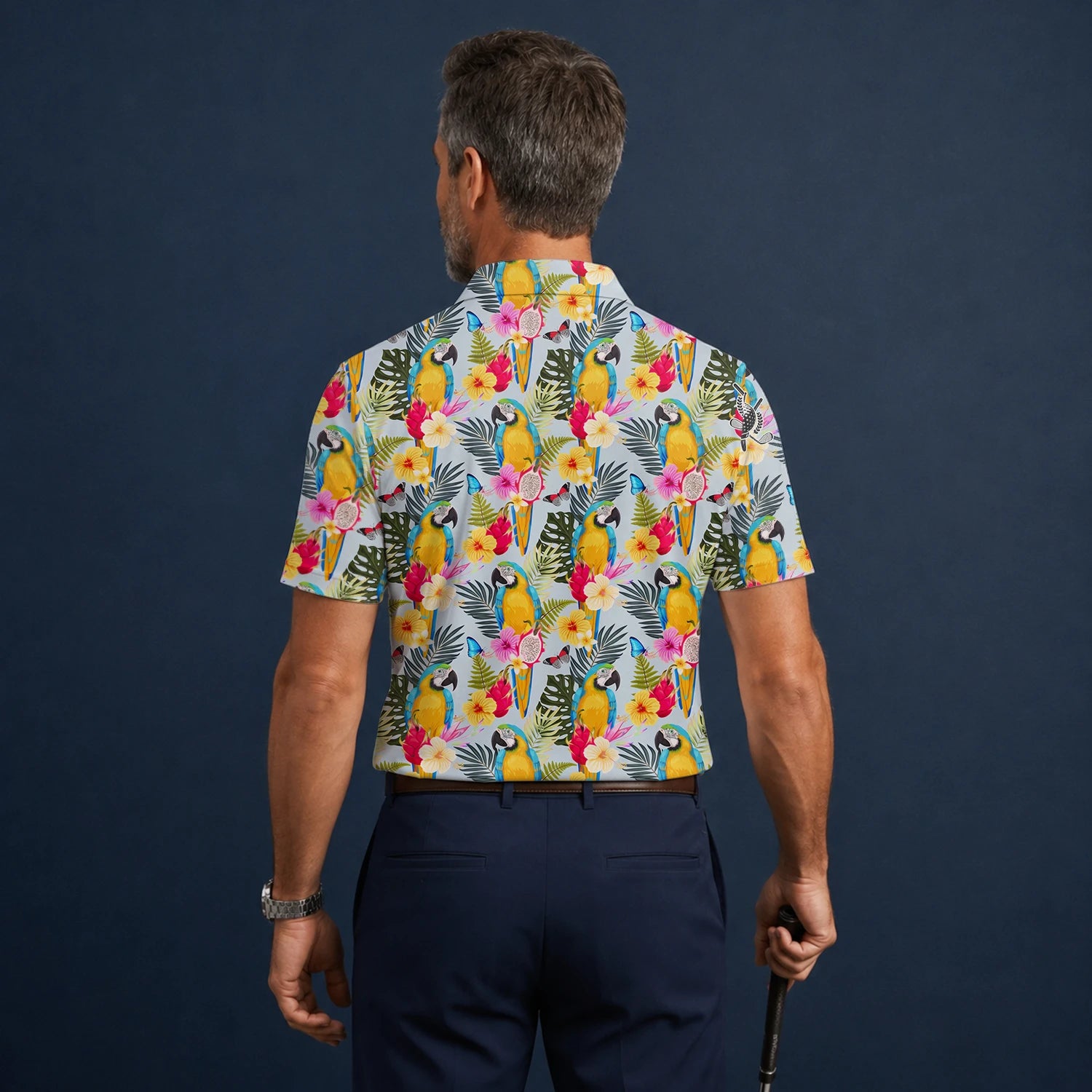 Personalisiertes Golf Poloshirt Creme Gelbes Tropisches Papagei Hibiskus Design für Herren V2558