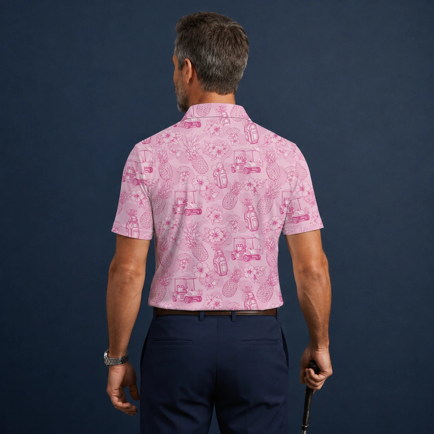 Personalisiertes Golf Poloshirt Rosa Golfcart Blumen Toile Design für Herren T8127