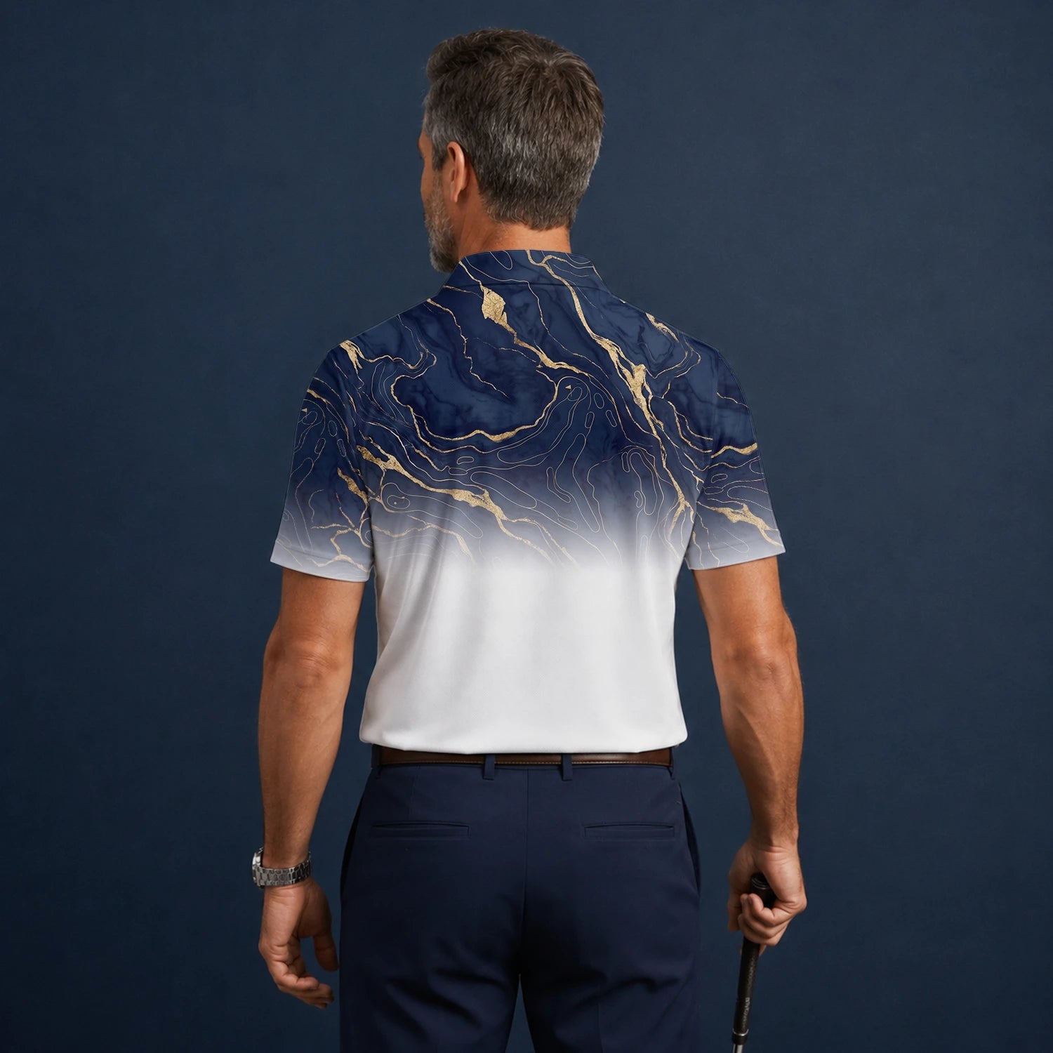Personalisiertes Golf Poloshirt Marineblau Weißes Marmor Goldadern Design für Herren U5613