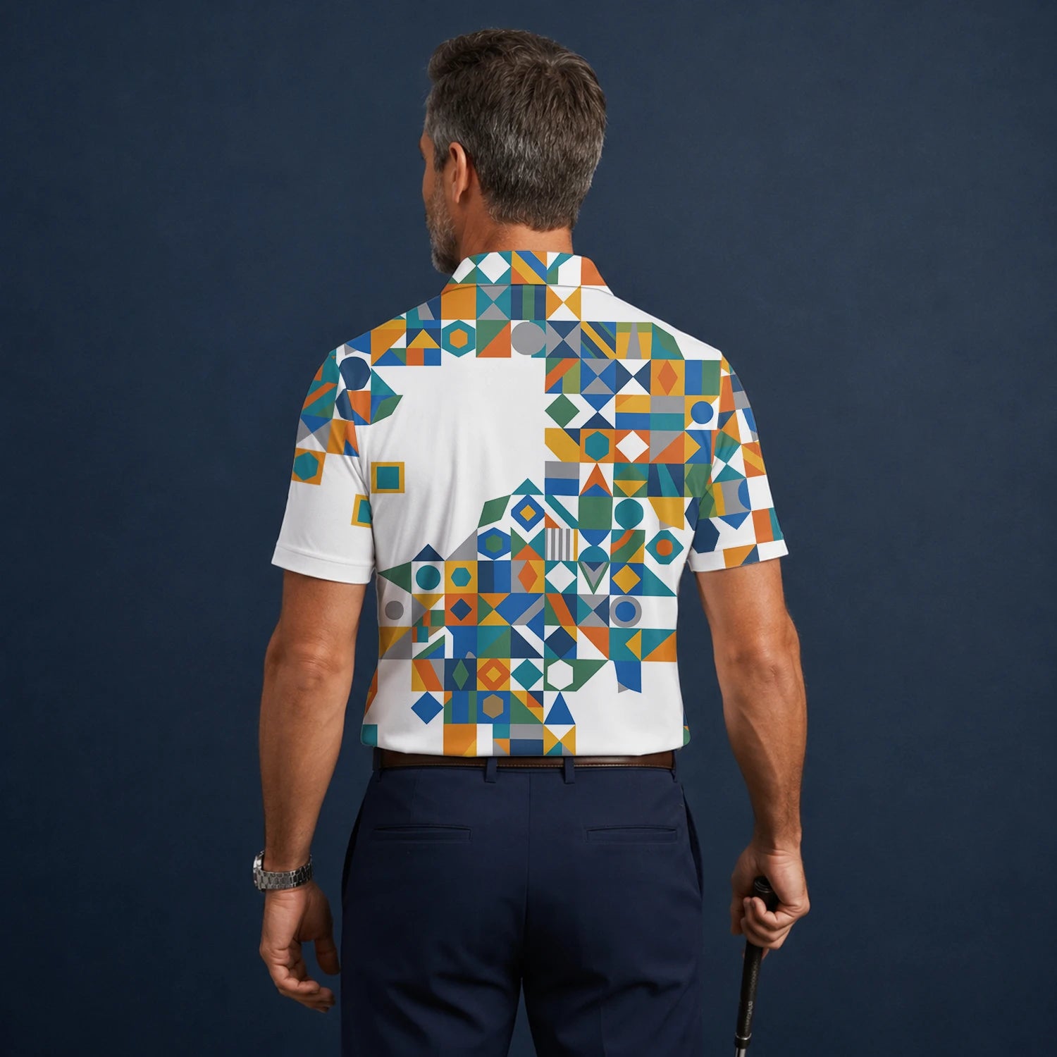 Personalisiertes Golf Poloshirt Weiß Türkis Oranges Geometrisches Patchwork Design für Herren K5362