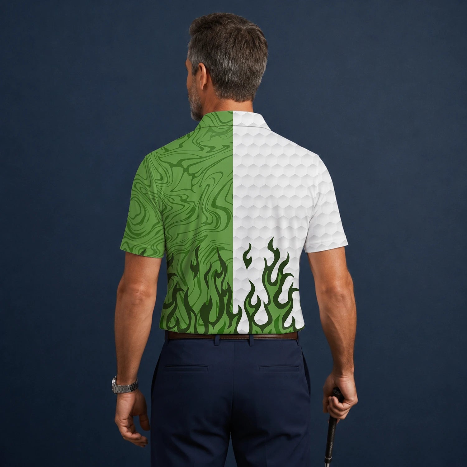 Personalisiertes Golf Poloshirt Weiß Grünes Flammen Marmor Design für Herren D2353