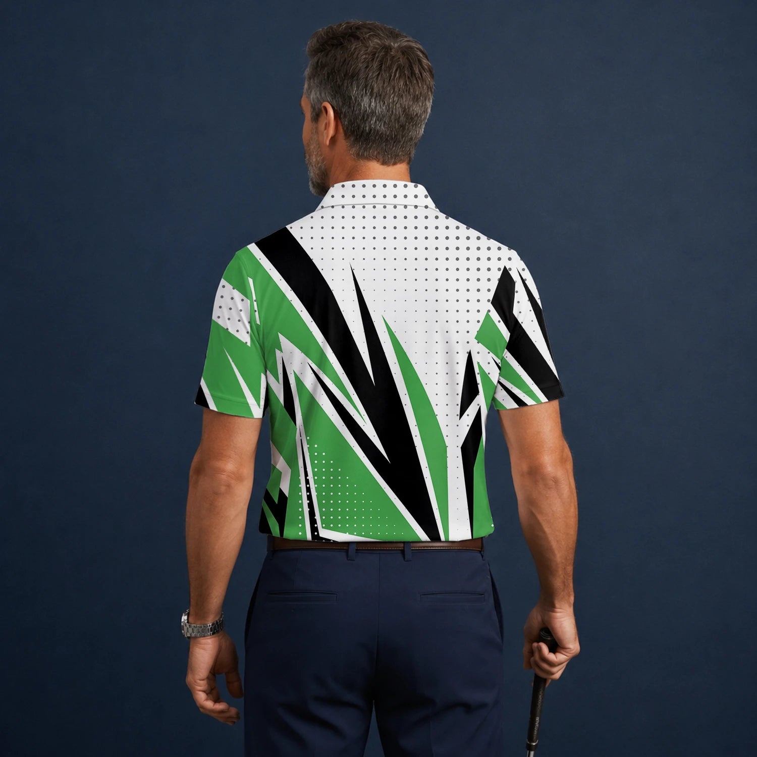 Personalisiertes Golf Poloshirt Weiß Grün Schwarzes Abstraktes Streifen Design für Herren C9494