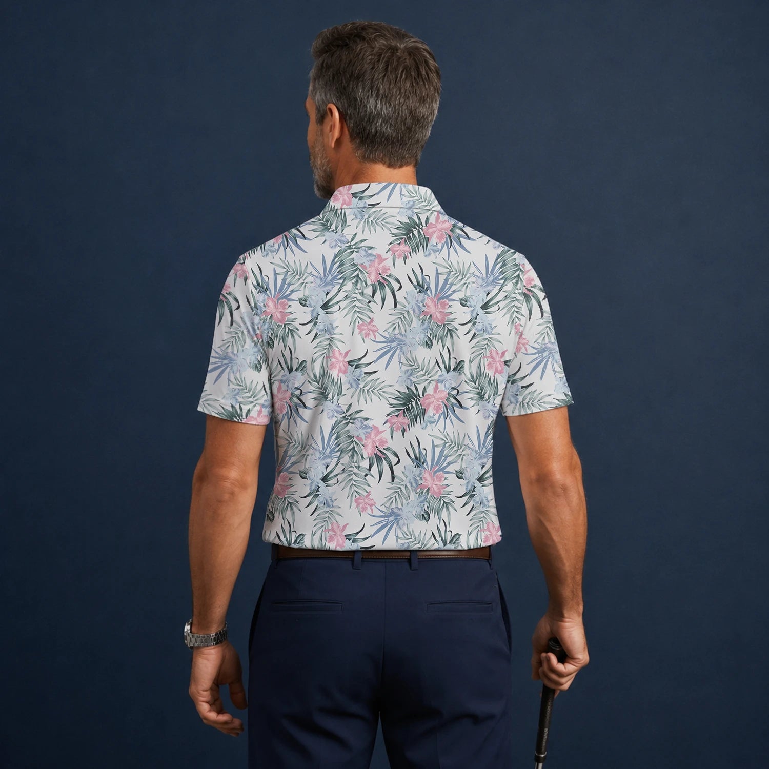 Personalisiertes Golf Poloshirt Weiß Rosa Tropisches Blumen Blätter Design für Herren C1037
