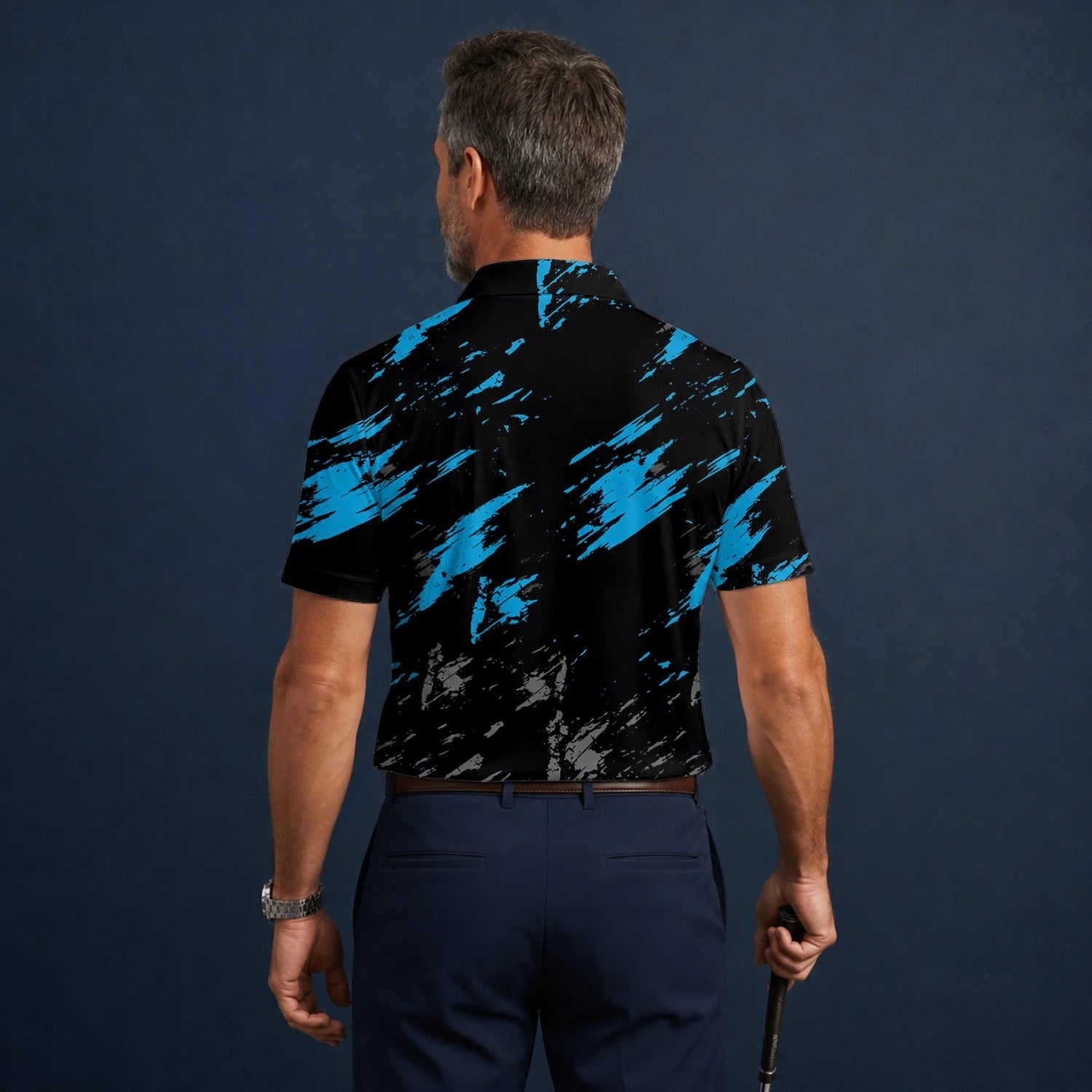 Personalisiertes Golf Poloshirt Schwarz Blaues Pinselstrich Design für Herren H3779