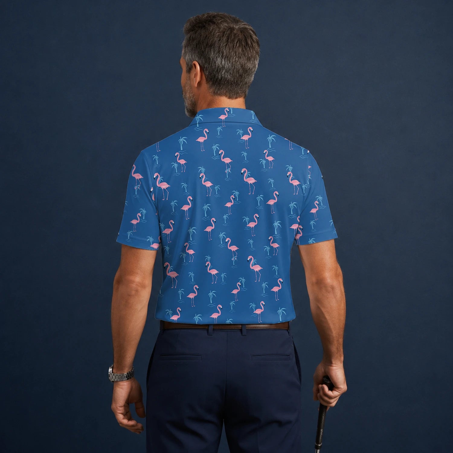 Personalisiertes Golf Poloshirt Blau Rosa Flamingo Palmen Design für Herren C8068