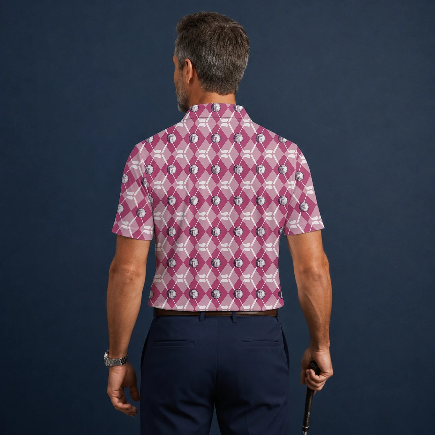 Personalisiertes Golf Poloshirt Rosa Rauten Golfball Design für Herren X0000